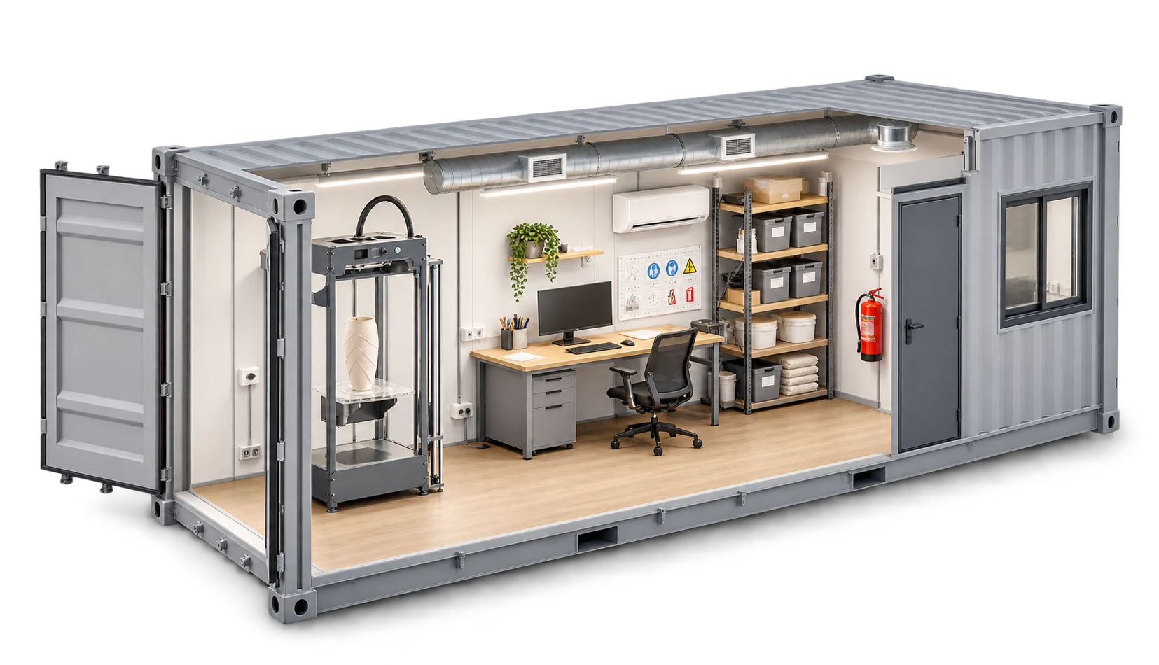 Концепция мастерской в контейнере с 3D-принтером, рабочим местом, хранением и вентиляцией